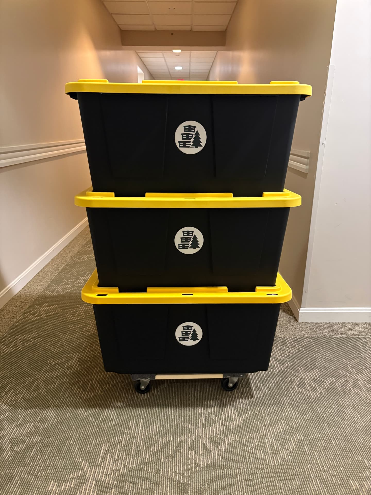 A stack of Maine Moving Totes on a dolly, delivered to an apartment hallway