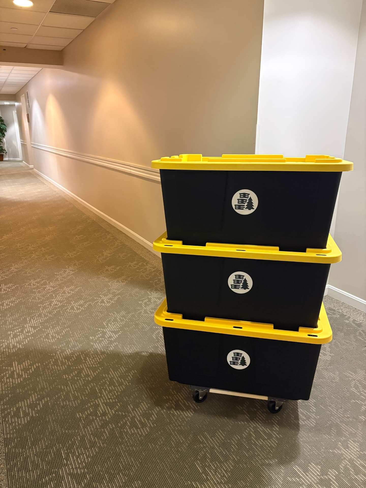 Maine Moving Totes stacked on a moving dolly in an apartment hallway